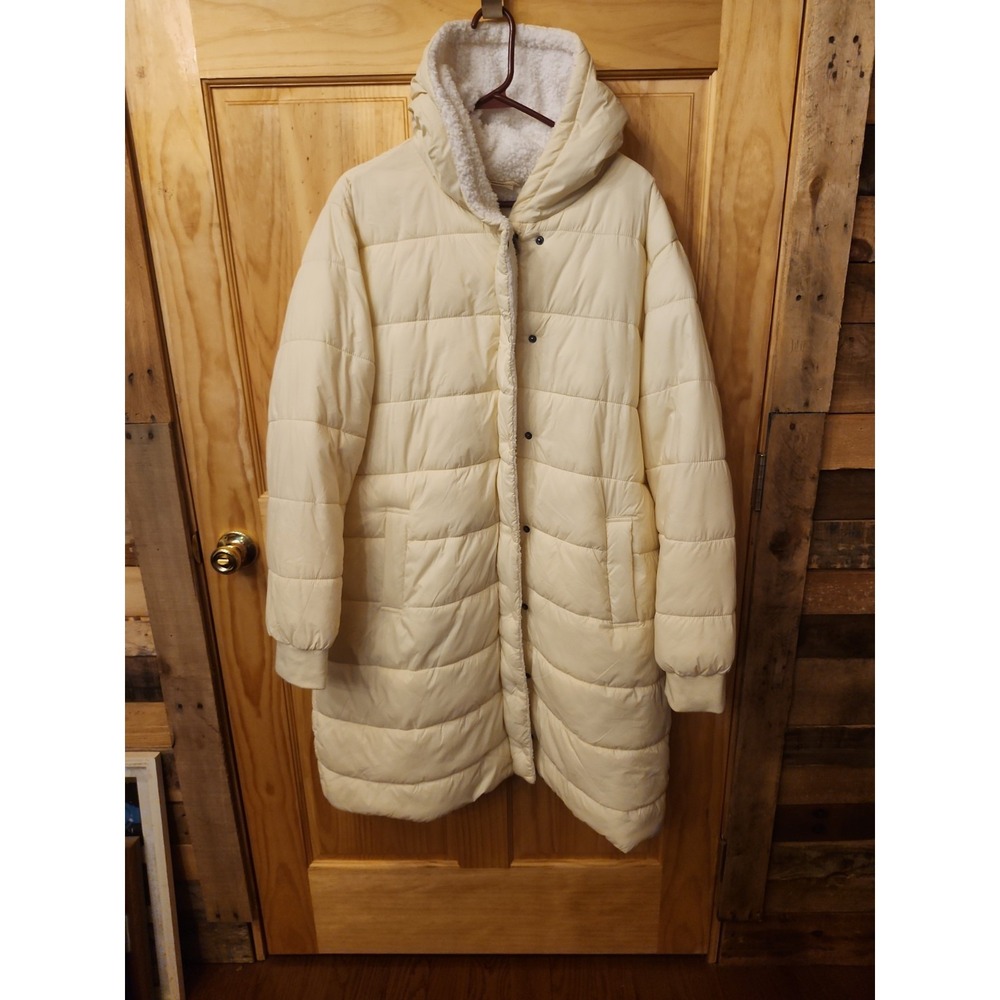 Alyned Together Hooded Puffer Jacket Beige Cream Sherpa Lined 1X Longline Coat